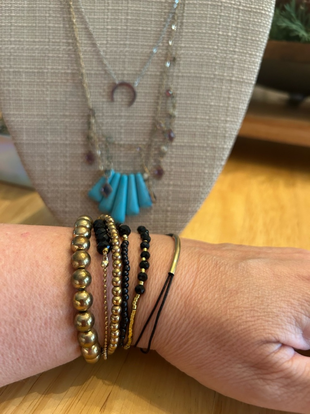 Gold and Black Beaded Bracelet Stack with Turquoise 3 necklaces gold silver LOT